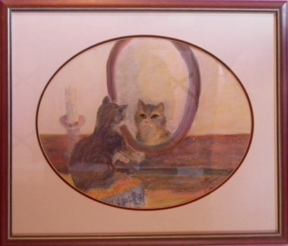 Gravure Encadrée "Le Chat Au Miroir II" - Style Klossowski / Balthus, 20e, Allemagne